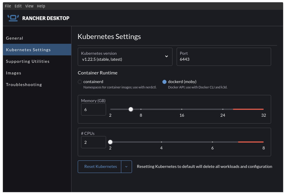 Kubernetes Settings Screen with containerd and Moby