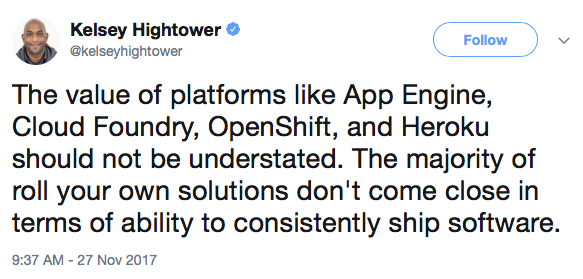 The value of platforms like App Engine, Cloud Foundry, OpenShift, and Heroku should not be understated. The majority of roll your own solutions don&rsquo;t come close in terms of ability to consistently ship software.